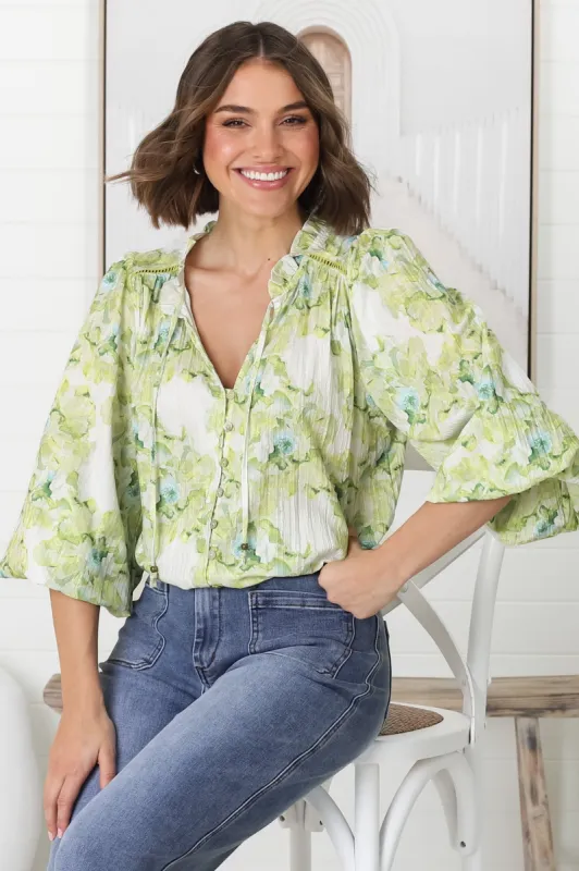 Moree Blouse - Frill Collar Neck Tie Button Down Shirt in Franc Print Lime sold by Salty Crush