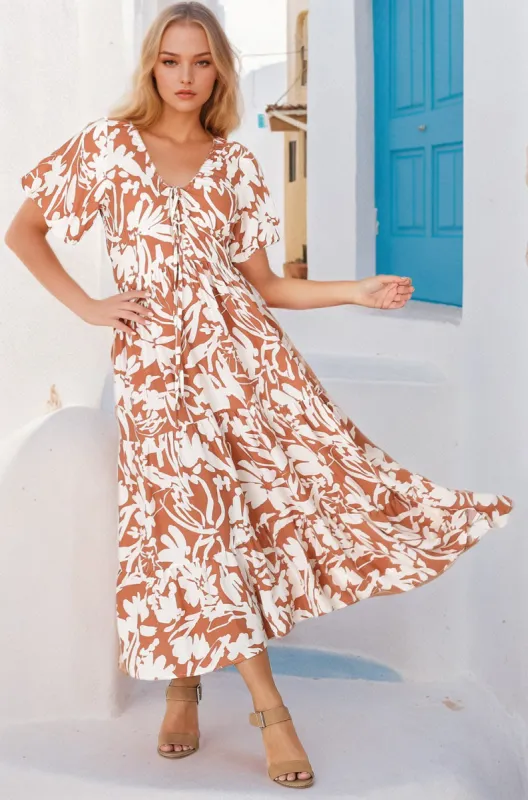 Charis Midi Dress - Pull In V Neckline Dress With Cap Balloon Sleeves In Rust sold by Salty Crush