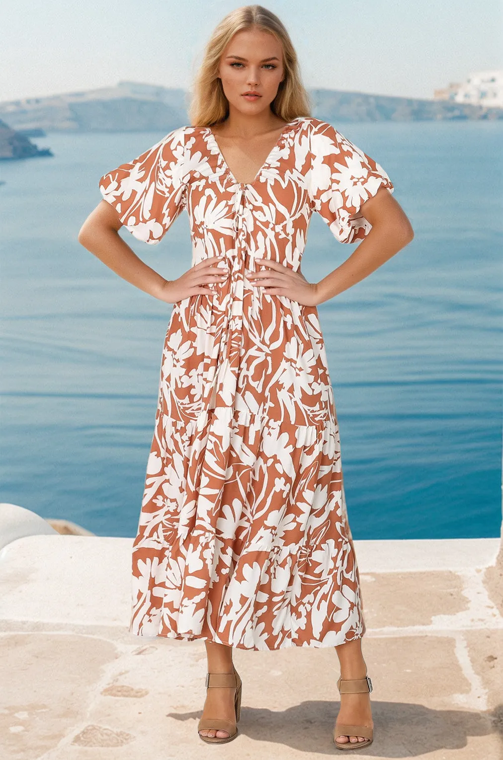 Charis Midi Dress - Pull In V Neckline Dress With Cap Balloon Sleeves In Rust sold by Salty Crush product image thumbnail 2