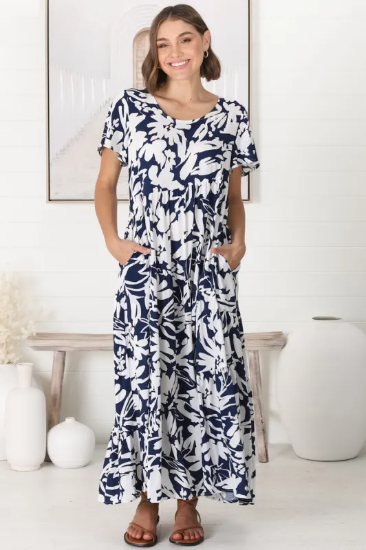 Allegra Midi Dress - Relaxed Asymmetric Tiered Smock Dress in Charis Print Blue sold by Salty Crush