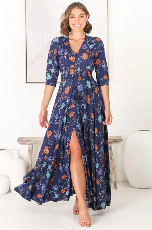 JAASE - Indiana Maxi Dress: Lace Back Shirred Waist A Line Dress with Handkercheif Hemline in Reeves Print sold by Salty Crush