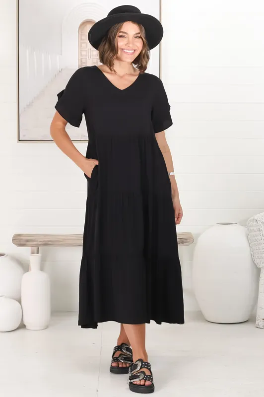 Ame Midi Dress - V Neck Frill Sleeve Tiered Dress in Black sold by Salty Crush