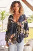 Palas Top in the Indigo Print: V Neck Slouch Blouse with Criss Cross Bust Tie sold by Salty Crush