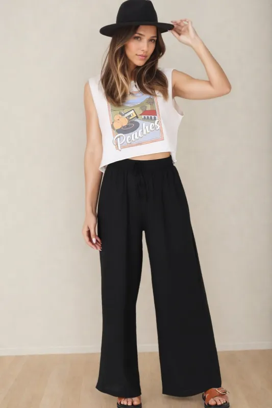 Leslie Linen Pants - Linen Elasticated Waist Straight Leg Pants in Black sold by Salty Crush
