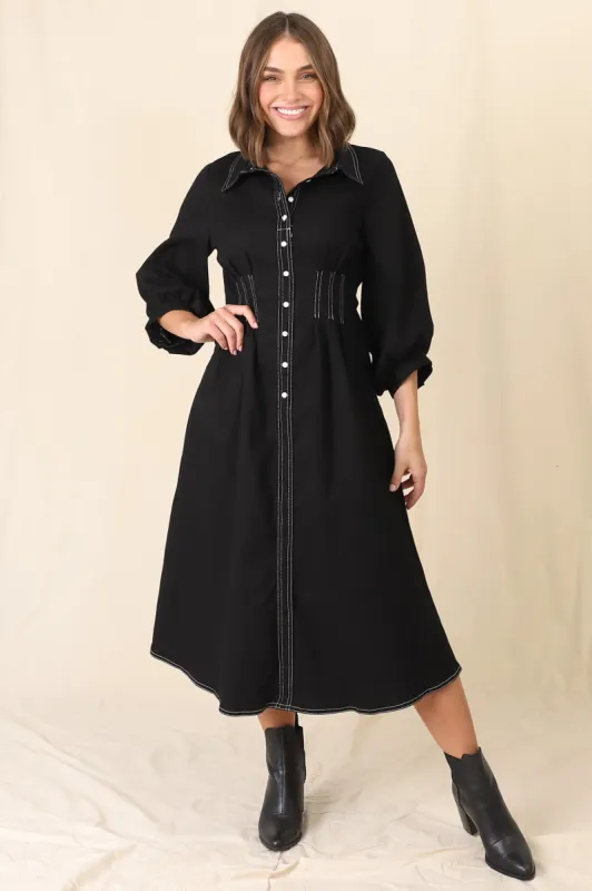 Percy Denim Midi Dress - Collared A Line Dress with Cinched Waistline and Contrast Stitching in Black sold by Salty Crush