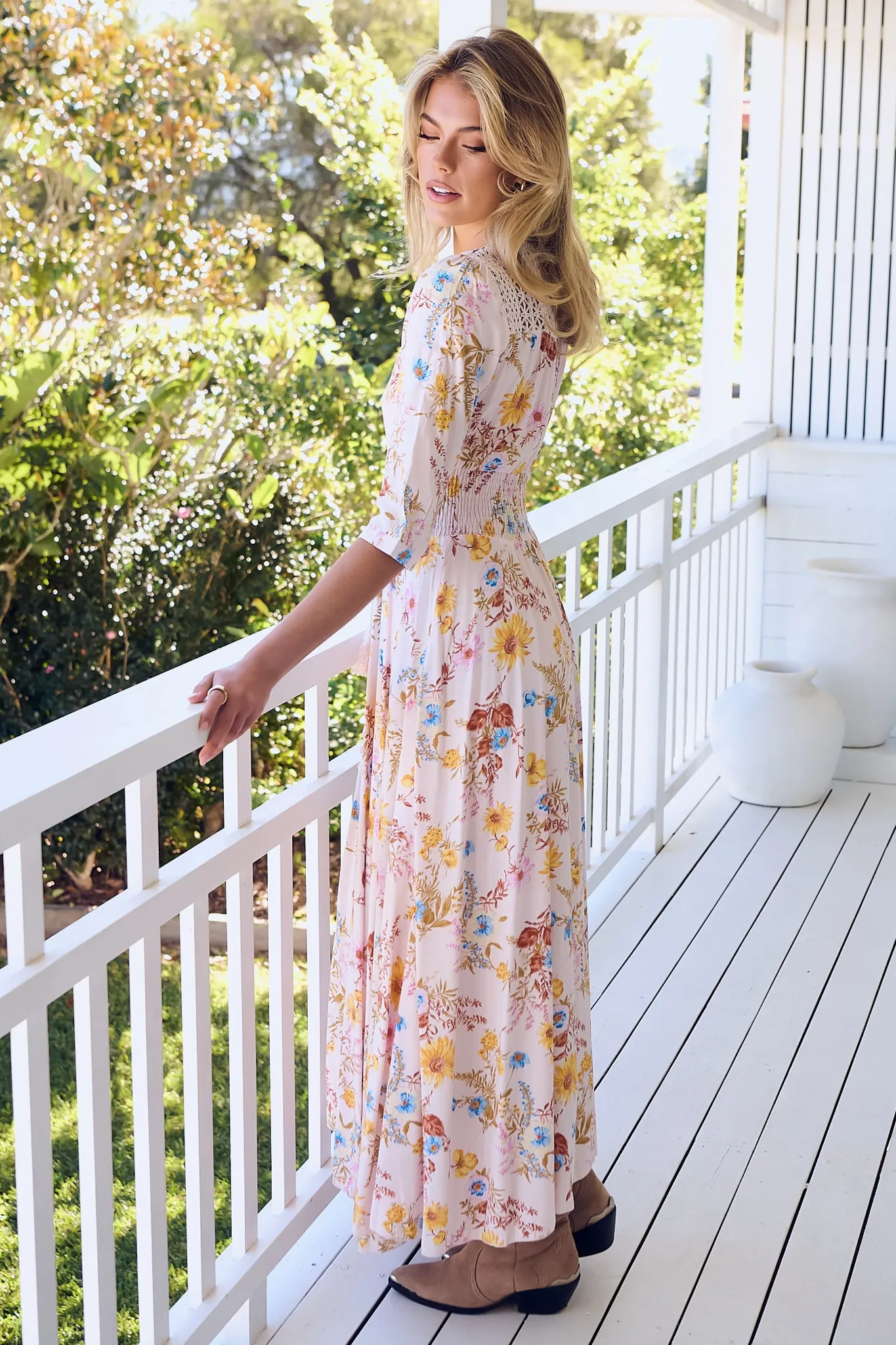 JAASE - Indiana Maxi Dress: Lace Back Shirred Waist A Line Dress with Handkerchief Hemline in Bambalina Print sold by Salty Crush product image thumbnail 2
