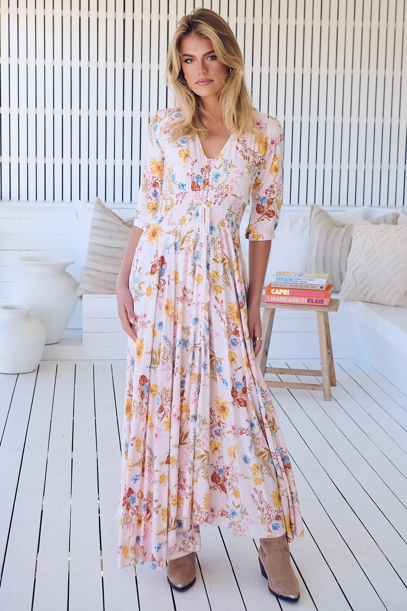 JAASE - Indiana Maxi Dress: Lace Back Shirred Waist A Line Dress with Handkerchief Hemline in Bambalina Print sold by Salty Crush product image thumbnail 4