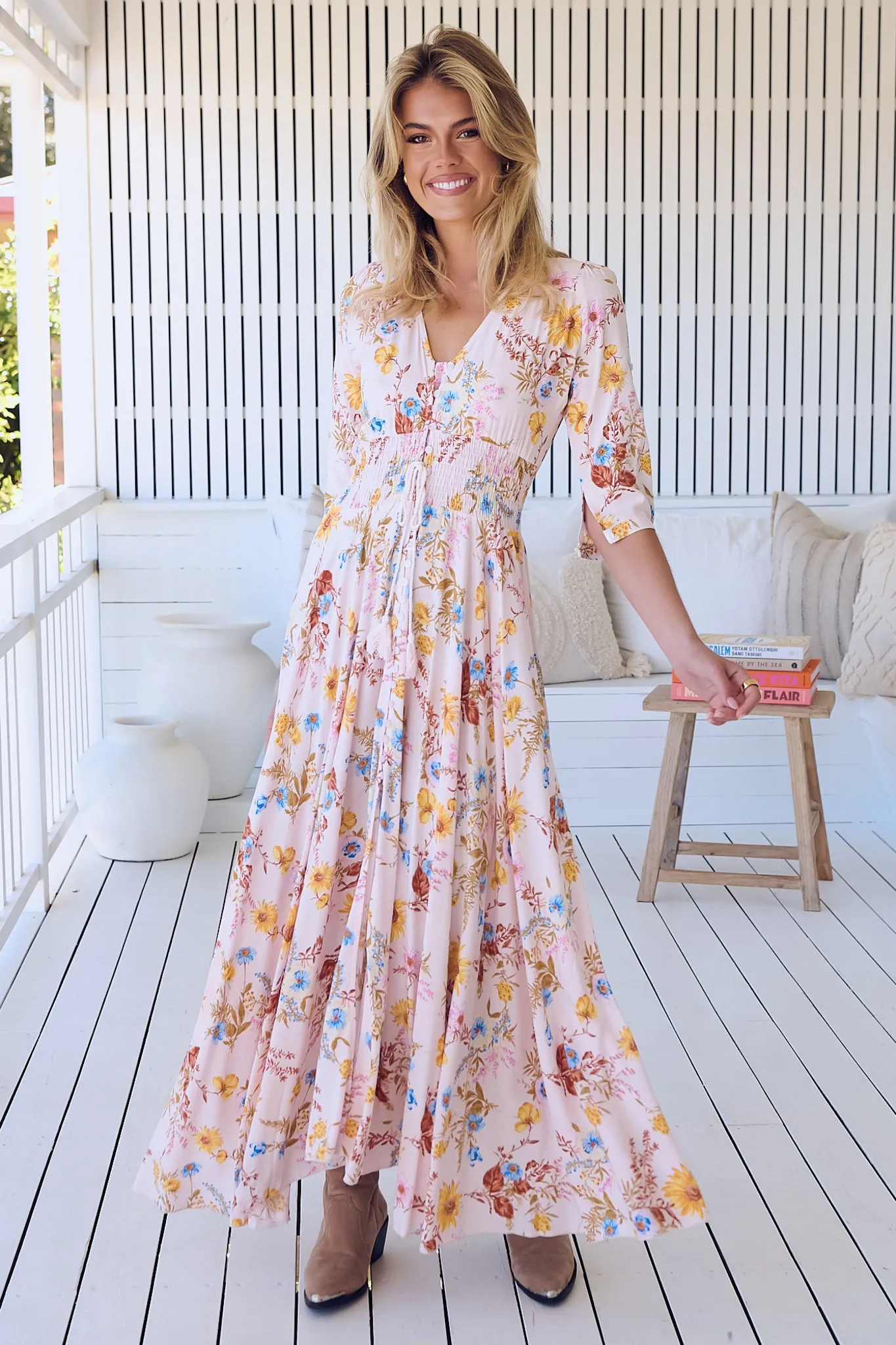 JAASE - Indiana Maxi Dress: Lace Back Shirred Waist A Line Dress with Handkerchief Hemline in Bambalina Print sold by Salty Crush