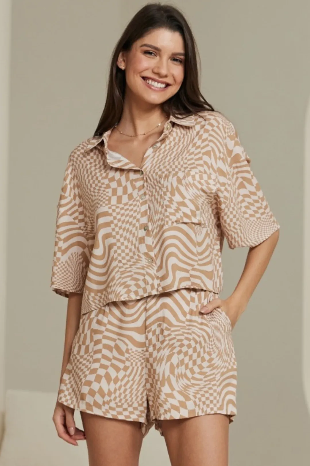 Anne Top: Collared Boxy Button Down Crop in Mavie Print sold by Salty Crush product image thumbnail 2