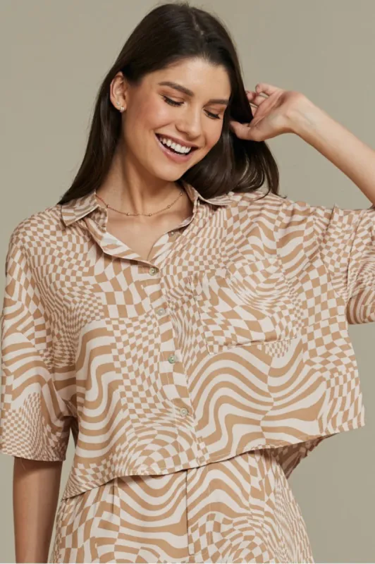Anne Top: Collared Boxy Button Down Crop in Mavie Print sold by Salty Crush
