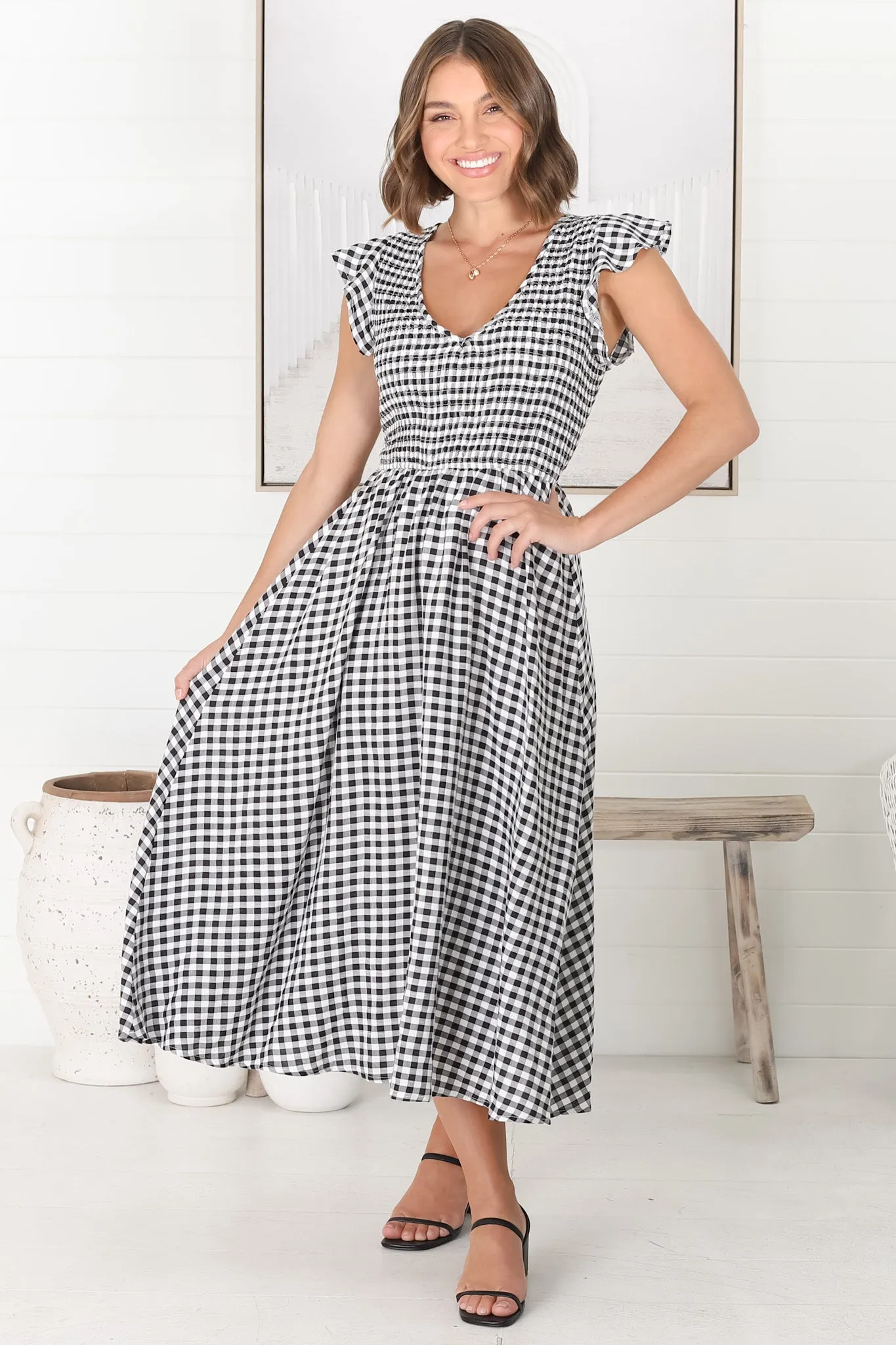 Mistee Midi Dress - Flutter Cap Sleeve Elasticated Bodice A Line Dress in Gingham Print Black sold by Salty Crush