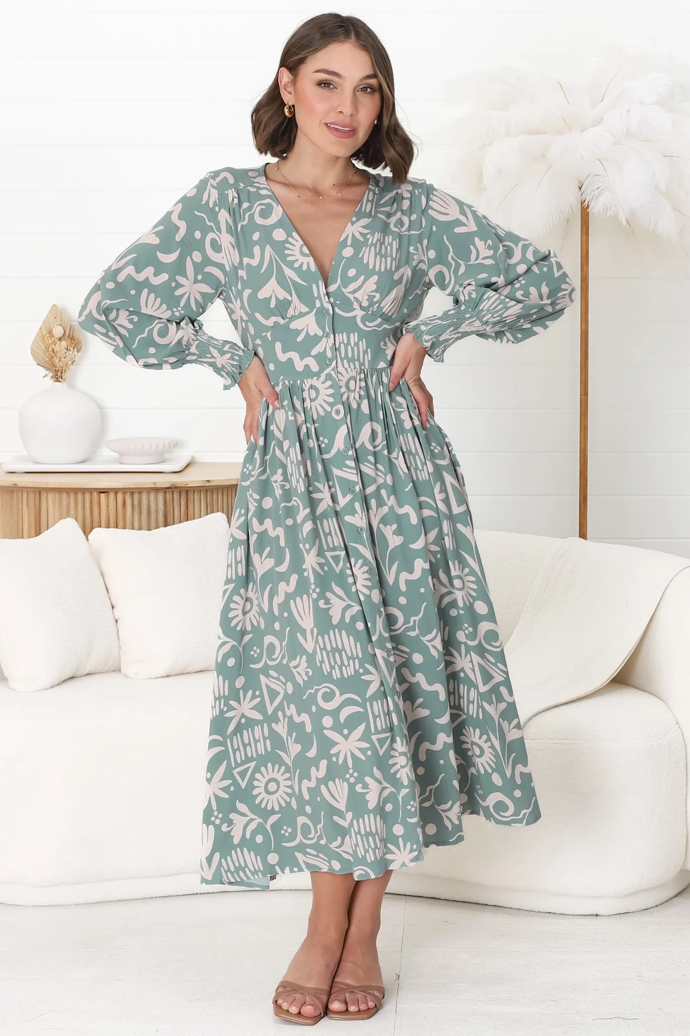 Jolie Midi Dress - V Neck Buttoned Down Long Sleeve Dress in Taralen Print Duck Egg Blue sold by Salty Crush product image thumbnail 4