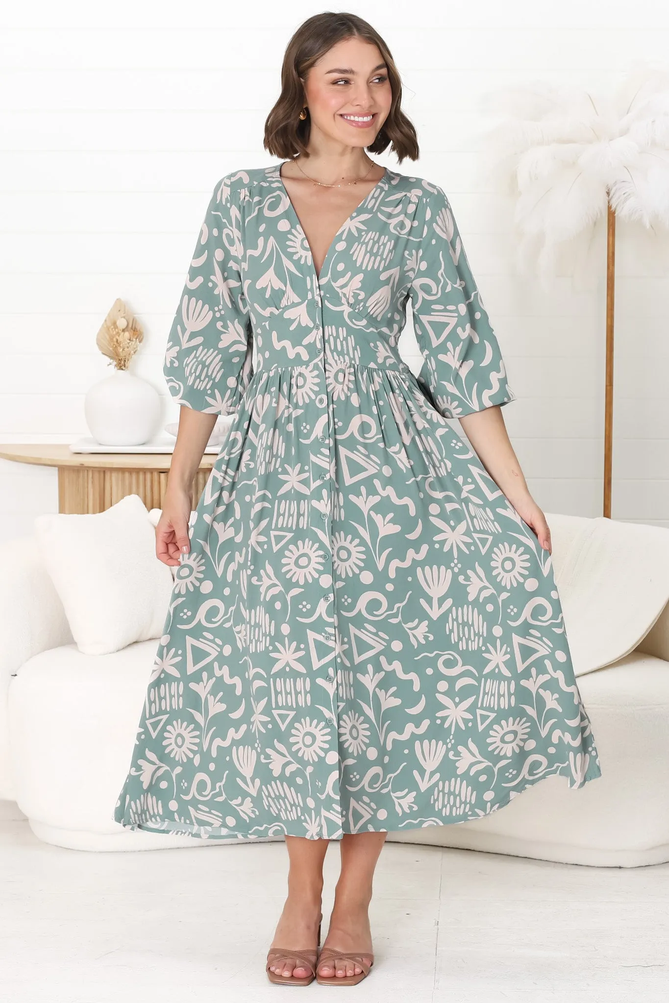 Jolie Midi Dress - V Neck Buttoned Down Long Sleeve Dress in Taralen Print Duck Egg Blue sold by Salty Crush product image thumbnail 2