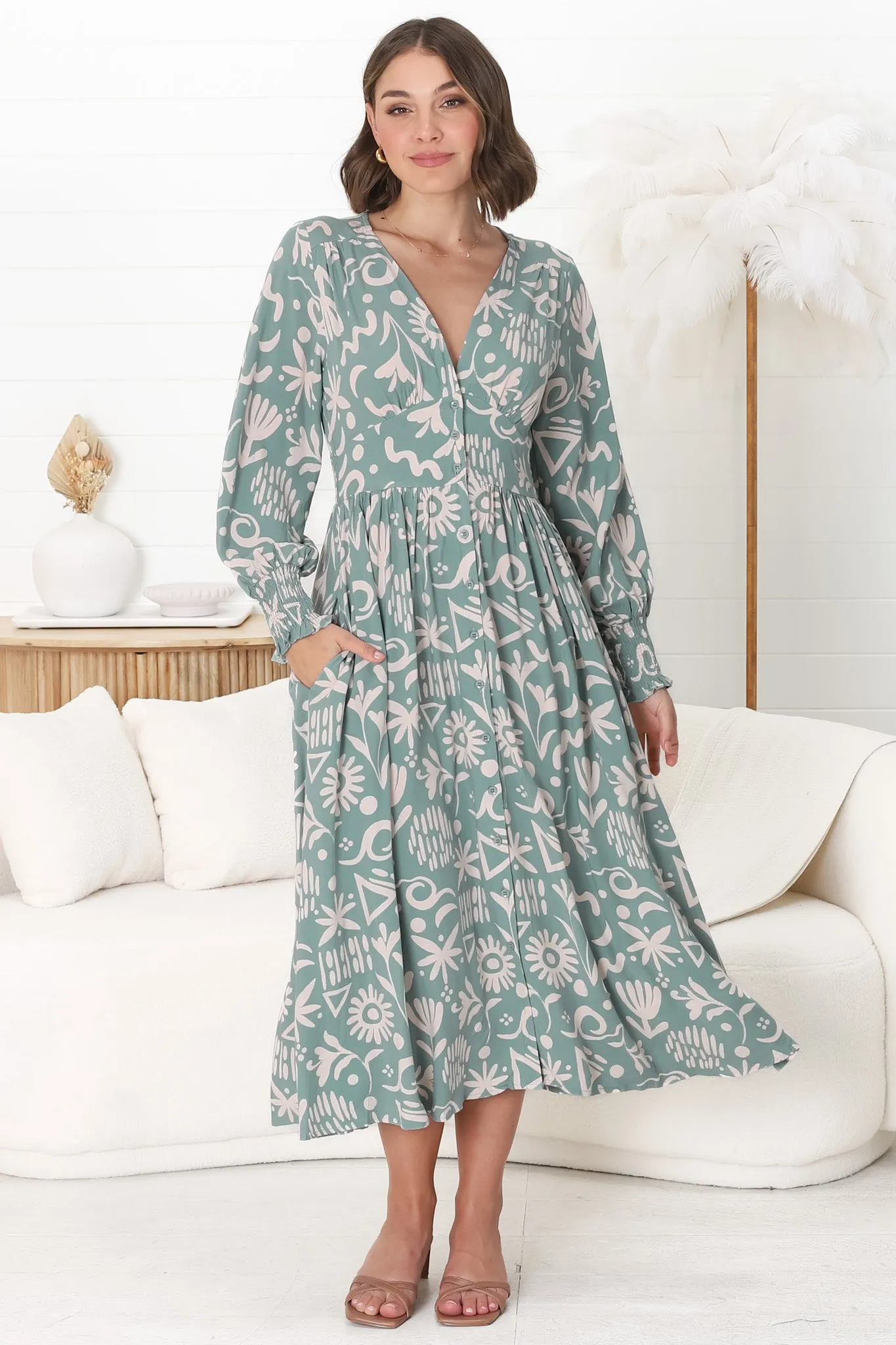 Jolie Midi Dress - V Neck Buttoned Down Long Sleeve Dress in Taralen Print Duck Egg Blue sold by Salty Crush product image thumbnail 5