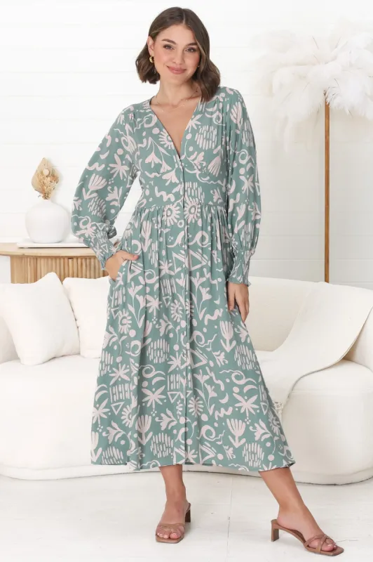 Jolie Midi Dress - V Neck Buttoned Down Long Sleeve Dress in Taralen Print Duck Egg Blue sold by Salty Crush
