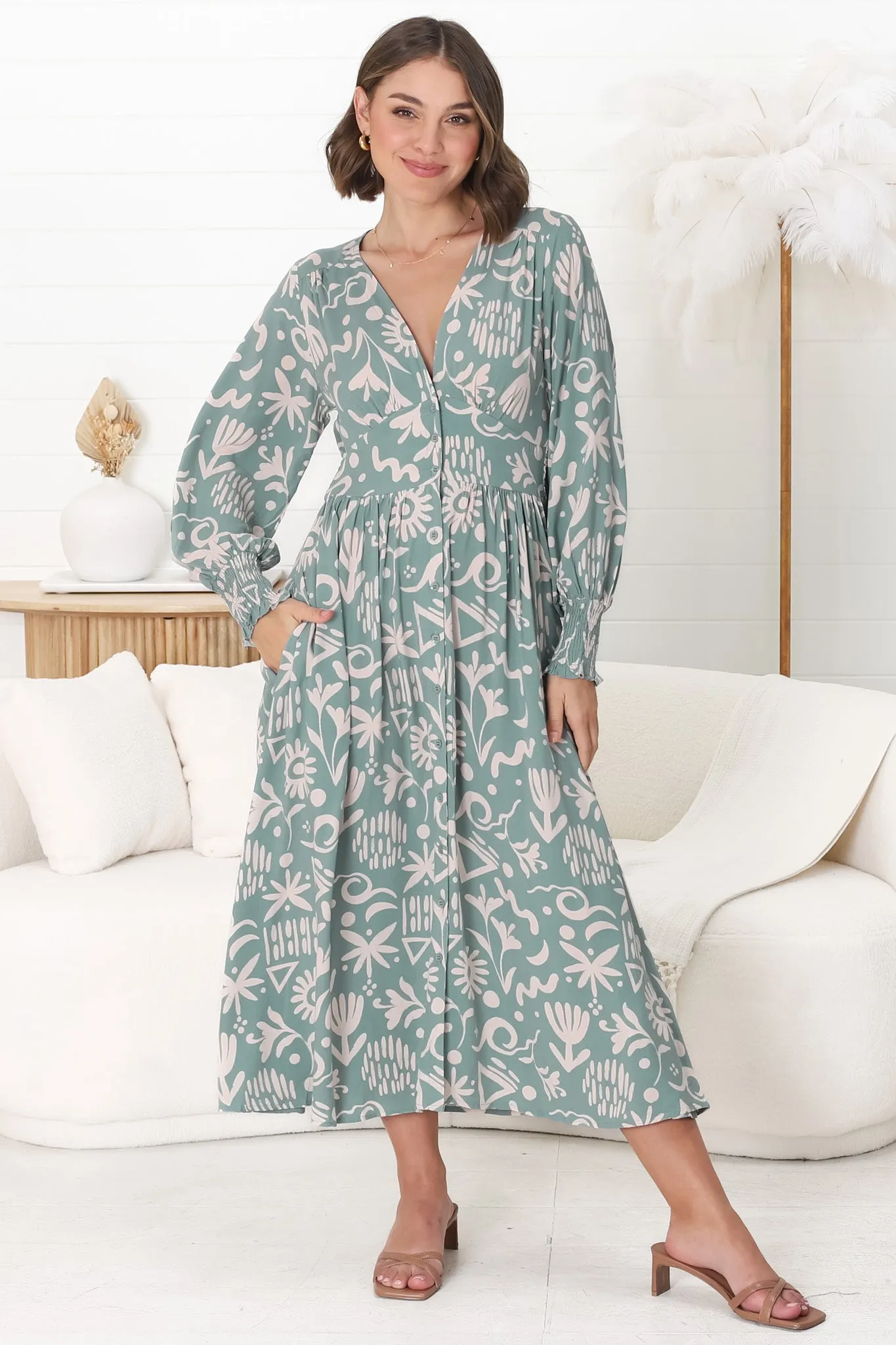 Jolie Midi Dress - V Neck Buttoned Down Long Sleeve Dress in Taralen Print Duck Egg Blue sold by Salty Crush