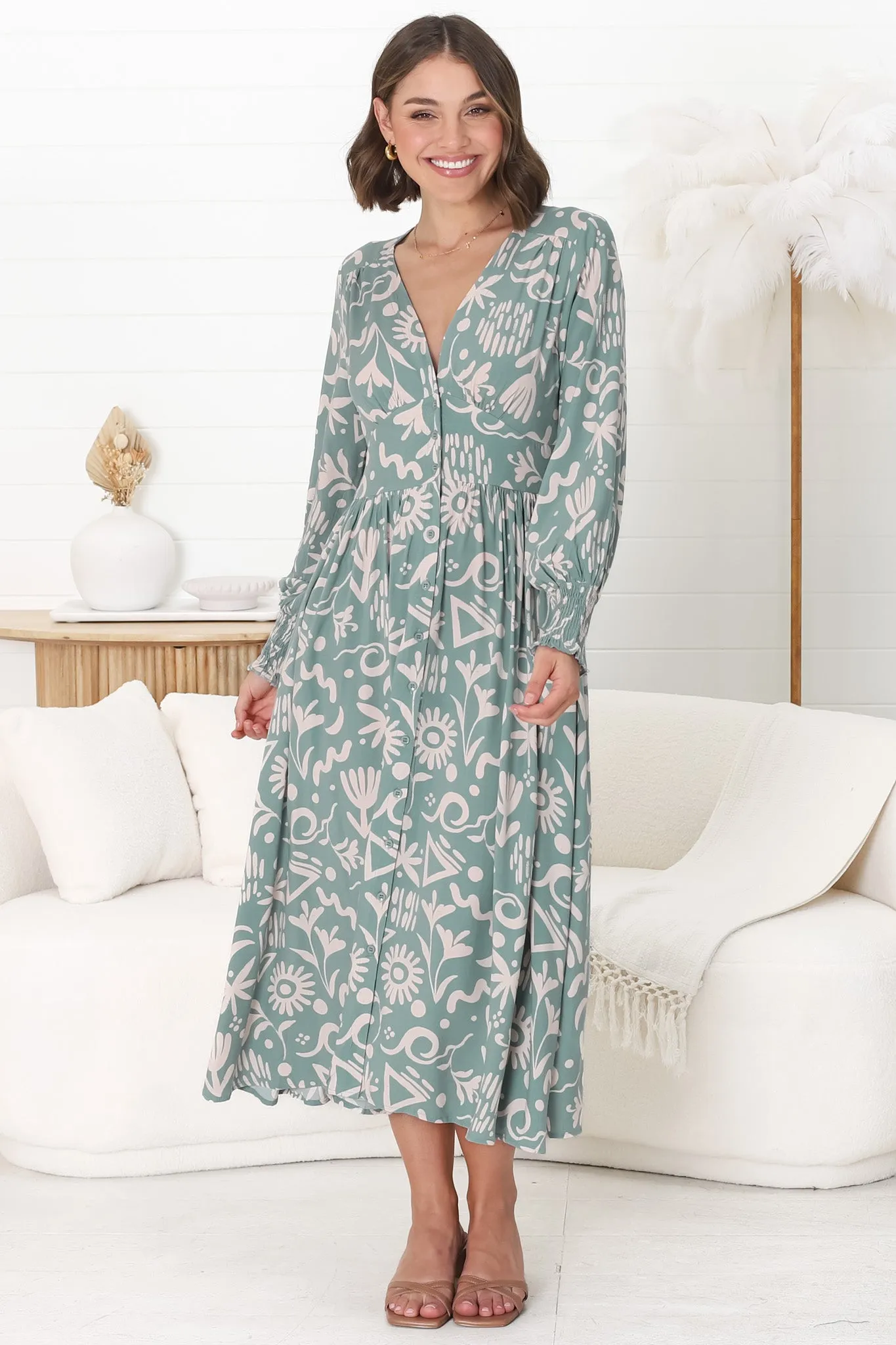 Jolie Midi Dress - V Neck Buttoned Down Long Sleeve Dress in Taralen Print Duck Egg Blue sold by Salty Crush product image thumbnail 3