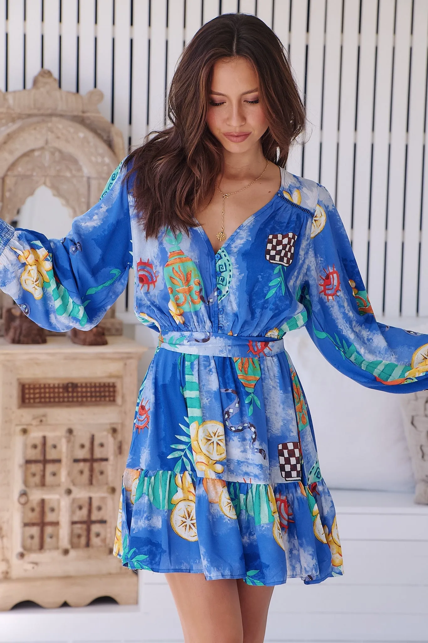 JAASE - Dahlia Mini Dress: V Neck Tiered Dress with Matching Belt in Meraki Print sold by Salty Crush product image thumbnail 3