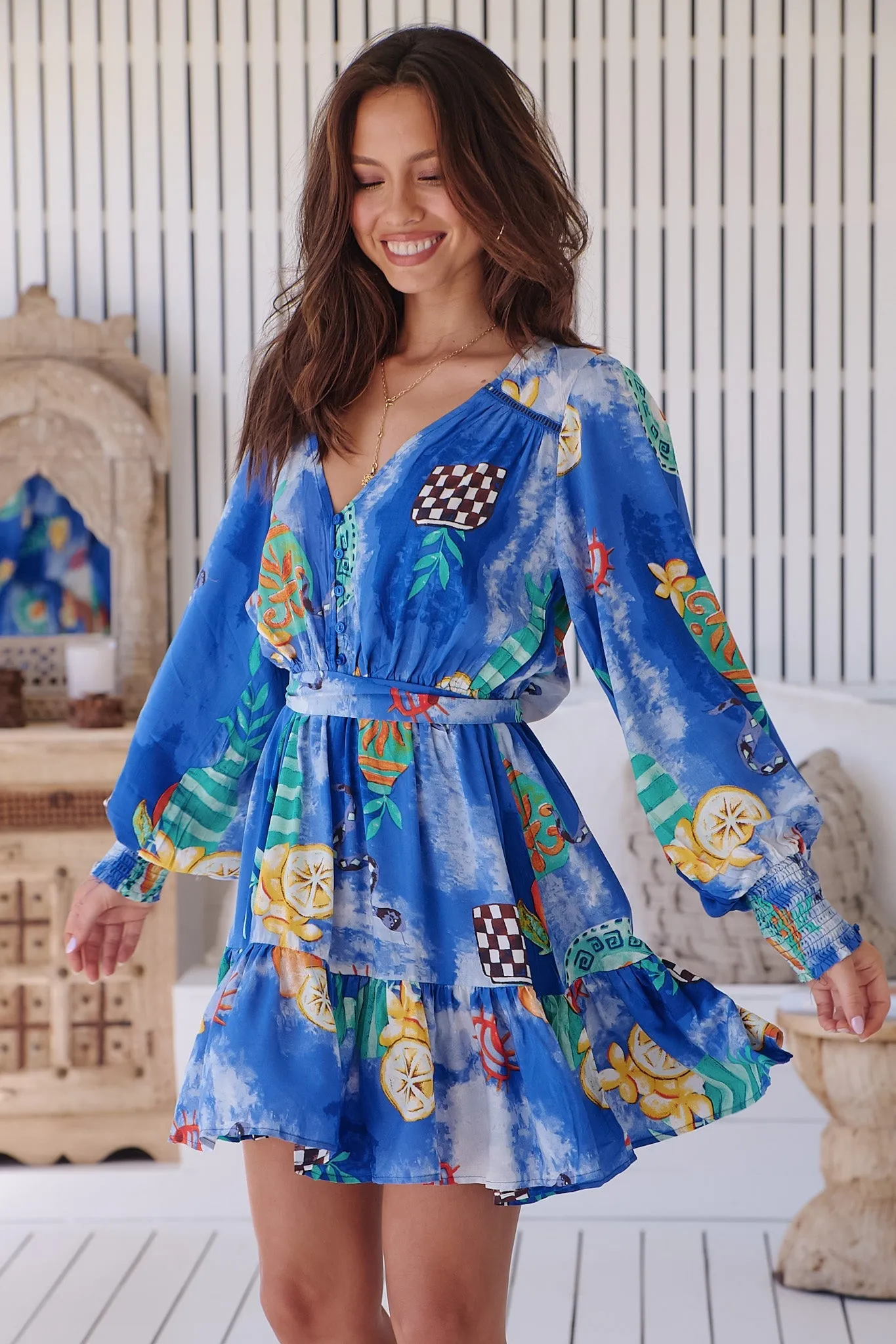 JAASE - Dahlia Mini Dress: V Neck Tiered Dress with Matching Belt in Meraki Print sold by Salty Crush product image thumbnail 2