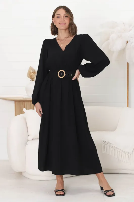 Lyna Midi Dress - A-Line Dress with Statement Rattan Buckle Belt in Black sold by Salty Crush