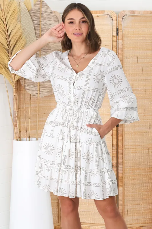 Lara Mini Dress - V Neck Long Sleeve Dress in Astra Print sold by Salty Crush