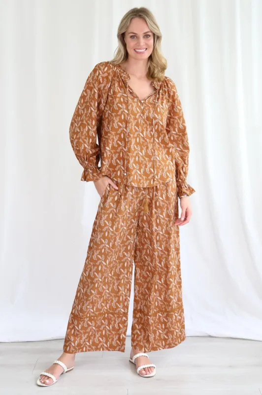 Sable Pants - Bamboo Cotton Wide Leg Pants with Splicing Detail in Tan sold by Salty Crush