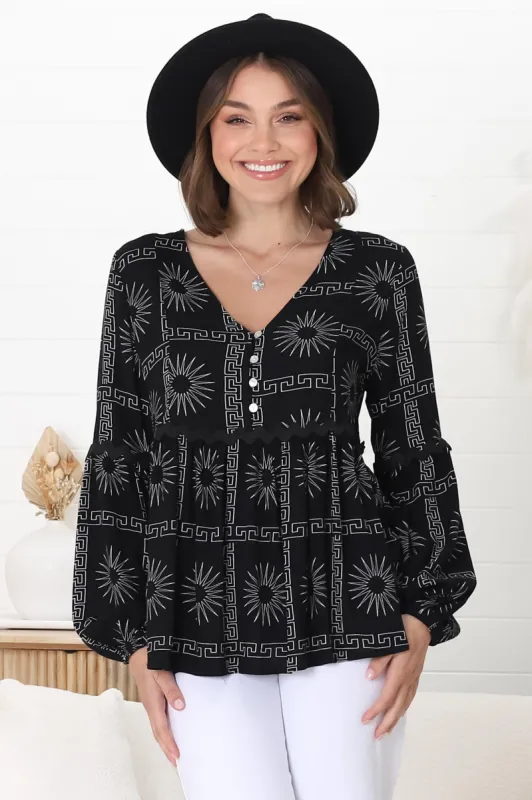 Hills Blouse - Buttoned Bodice Rick Rack Detail Smock Blouse in Astra Print Black sold by Salty Crush