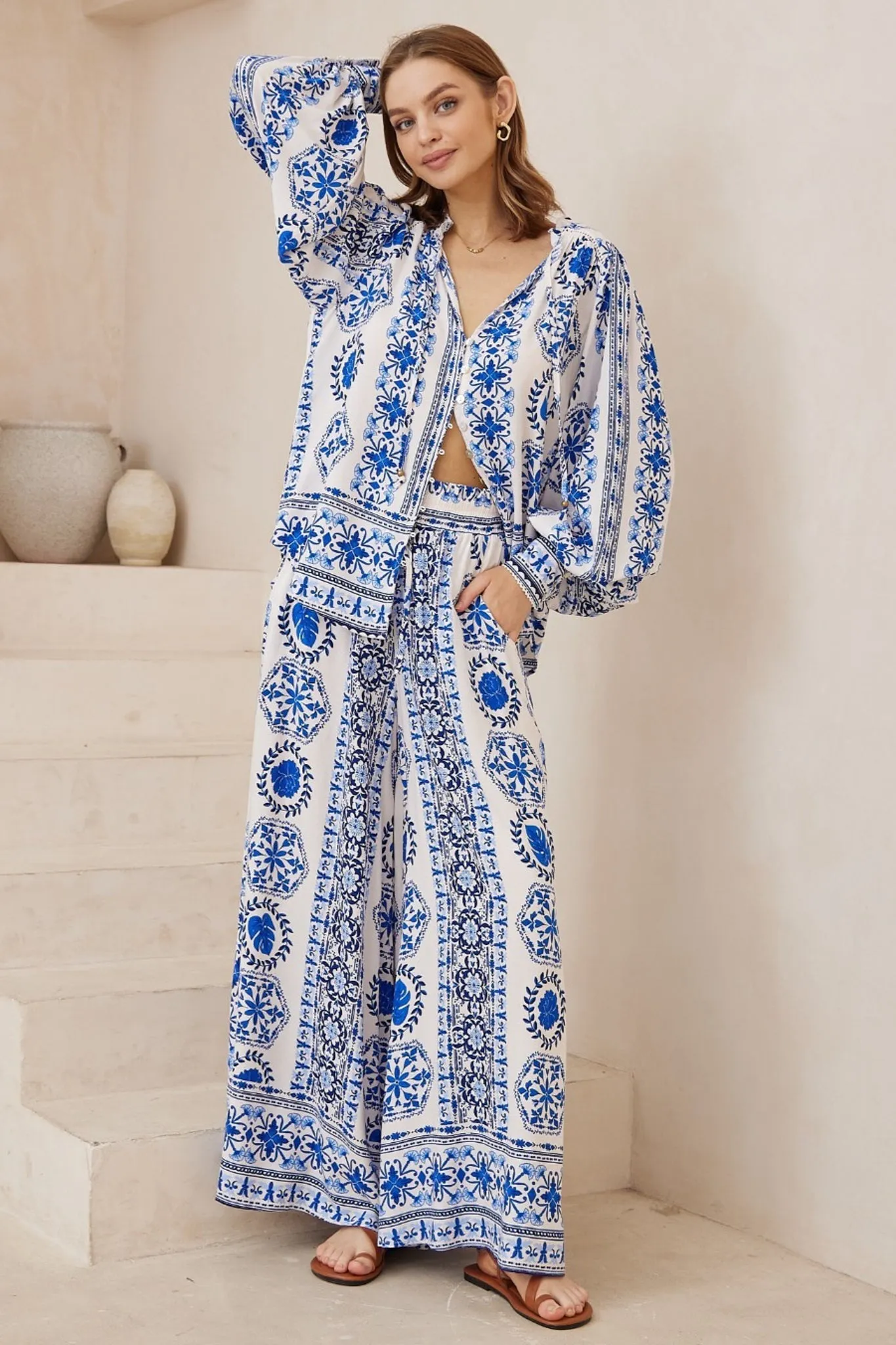 Charli Pants - Paper Bag High Waisted Wide Leg Pants in Kahula Print sold by Salty Crush