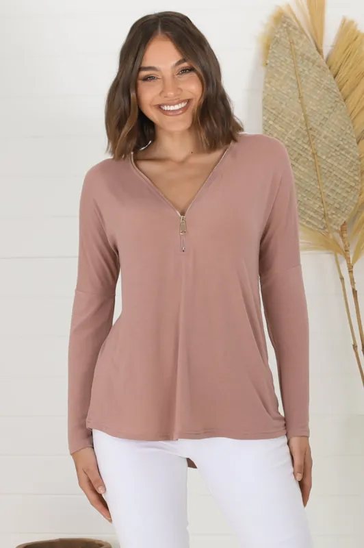 Cecile Top - Zipper Detail V Neck Top in Pink sold by Salty Crush