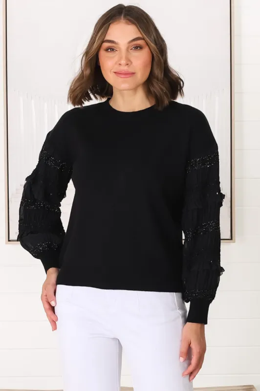 Louisa Knit Jumper - Long Sheer Lace Work Sleeve Jumper in Black sold by Salty Crush