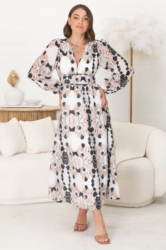 Helia Midi Dress - V Neck A Line Dress with Cinched Waist in Calea Print Beige sold by Salty Crush