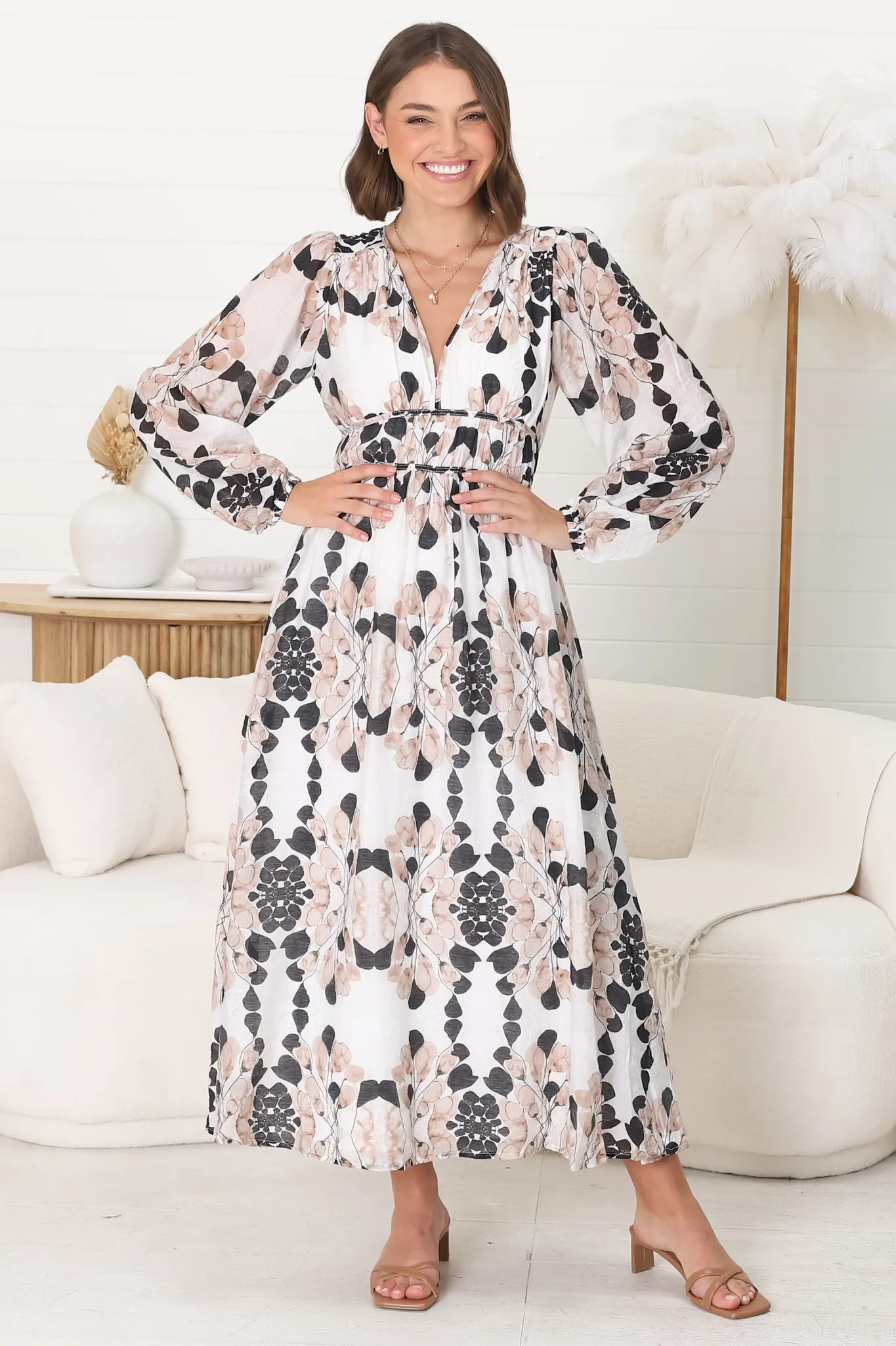 Helia Midi Dress - V Neck A Line Dress with Cinched Waist in Calea Print Beige sold by Salty Crush product image thumbnail 5