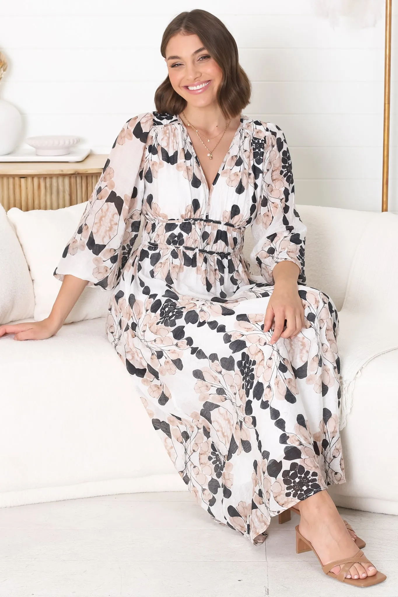 Helia Midi Dress - V Neck A Line Dress with Cinched Waist in Calea Print Beige sold by Salty Crush product image thumbnail 2