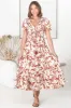 Amaya Midi Dress - Shirred Cap Sleeve A Line Dress in Charis Print Rust sold by Salty Crush