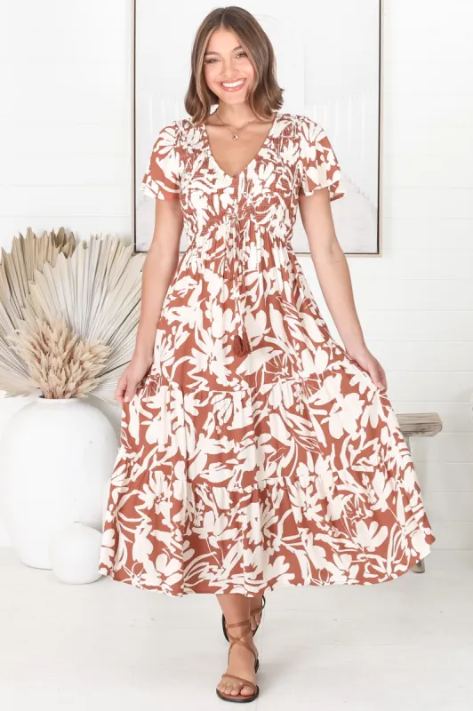 Amaya Midi Dress - Shirred Cap Sleeve A Line Dress in Charis Print Rust sold by Salty Crush