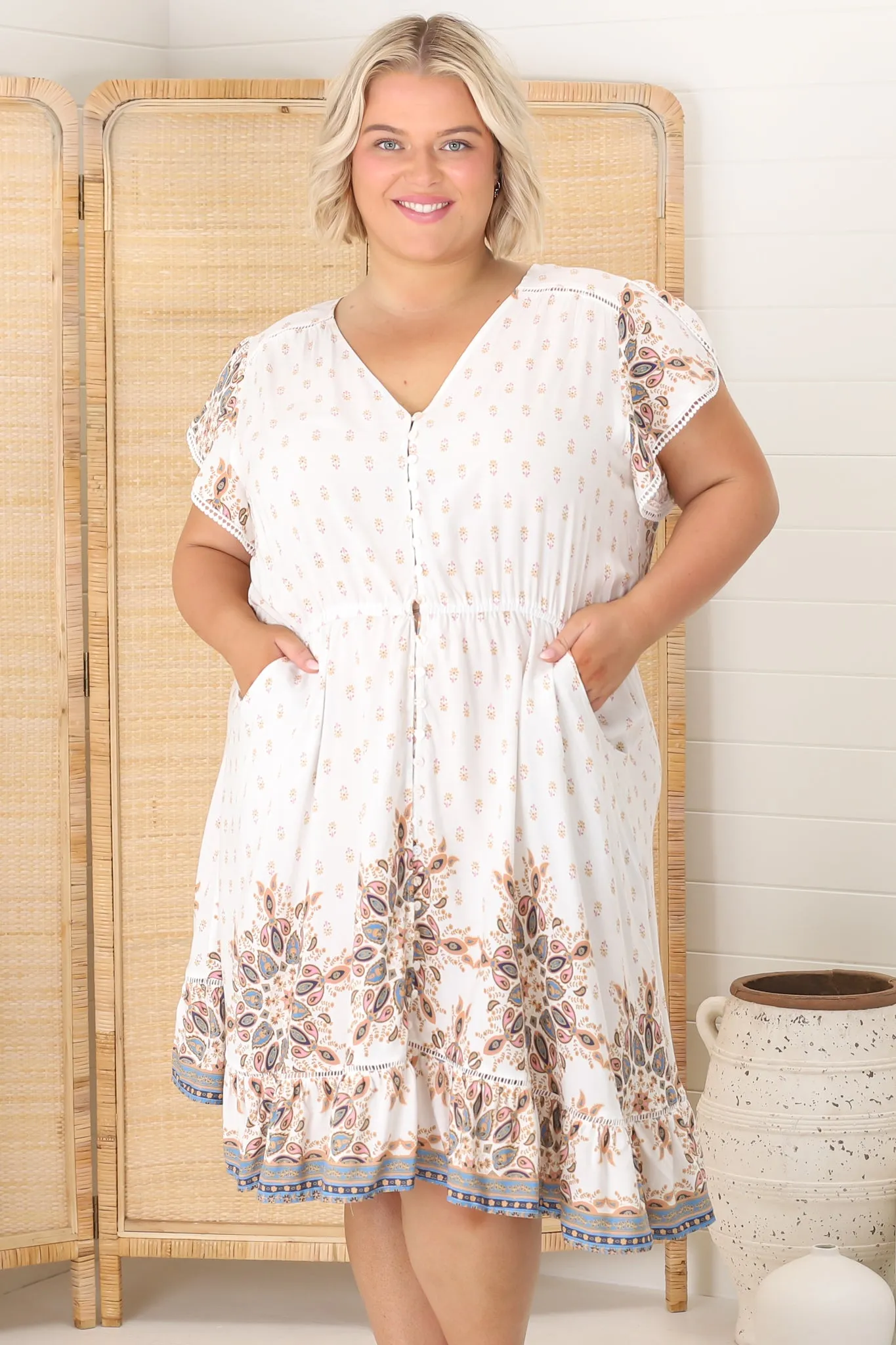 Lizzie Mini Dress - Butterfly Cap Sleeve Button Down Dress with Pockets in Gemstone Print sold by Salty Crush product image thumbnail 2