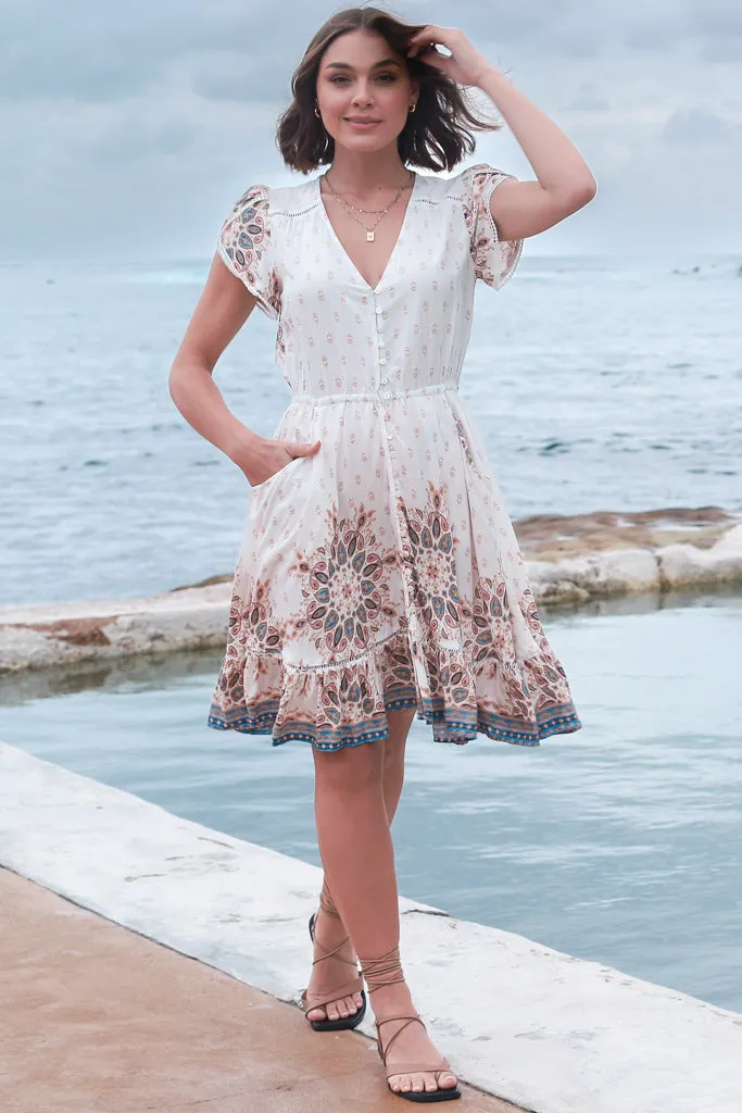 Lizzie Mini Dress - Butterfly Cap Sleeve Button Down Dress with Pockets in Gemstone Print sold by Salty Crush product image thumbnail 5