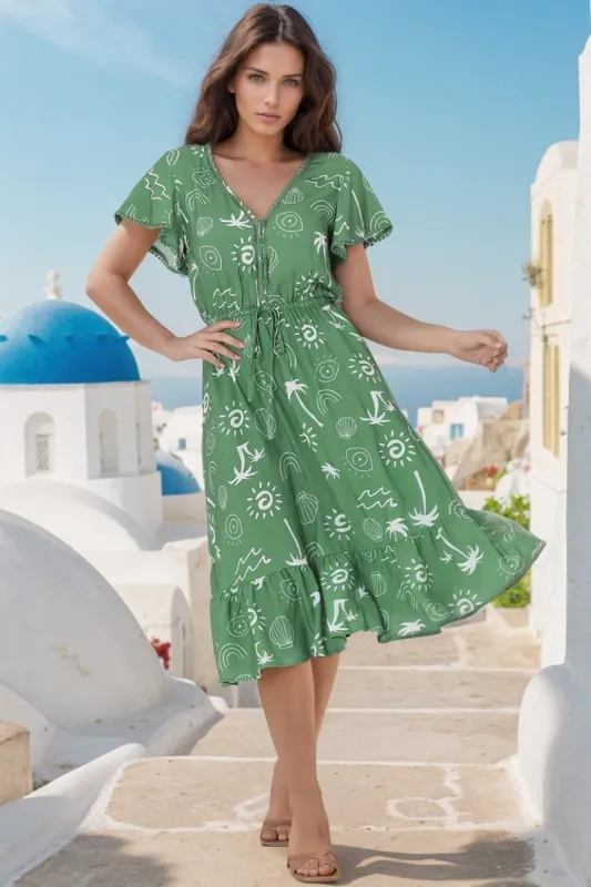 Kaida Midi Dress - Lattice Trim Detailed Buttoned Bodice A-Line Dress in Maui Print Green sold by Salty Crush