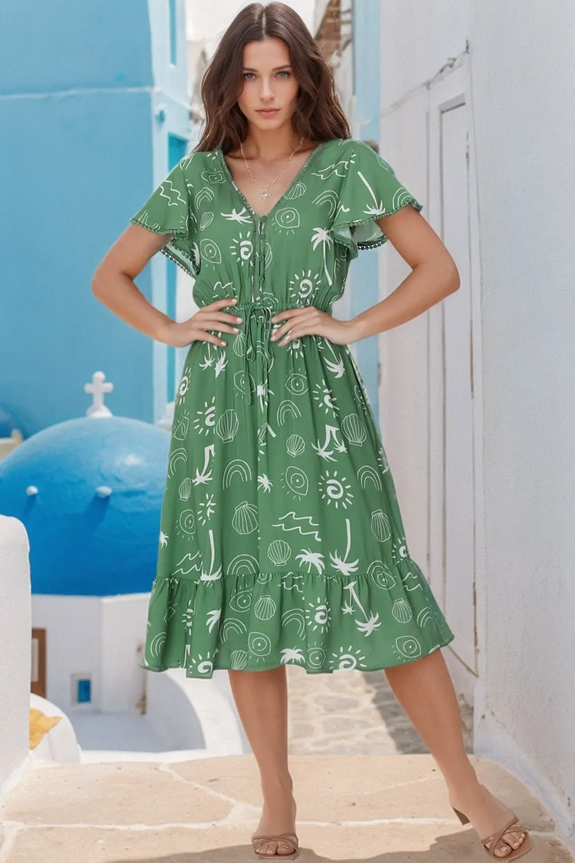 Kaida Midi Dress - Lattice Trim Detailed Buttoned Bodice A-Line Dress in Maui Print Green sold by Salty Crush product image thumbnail 5