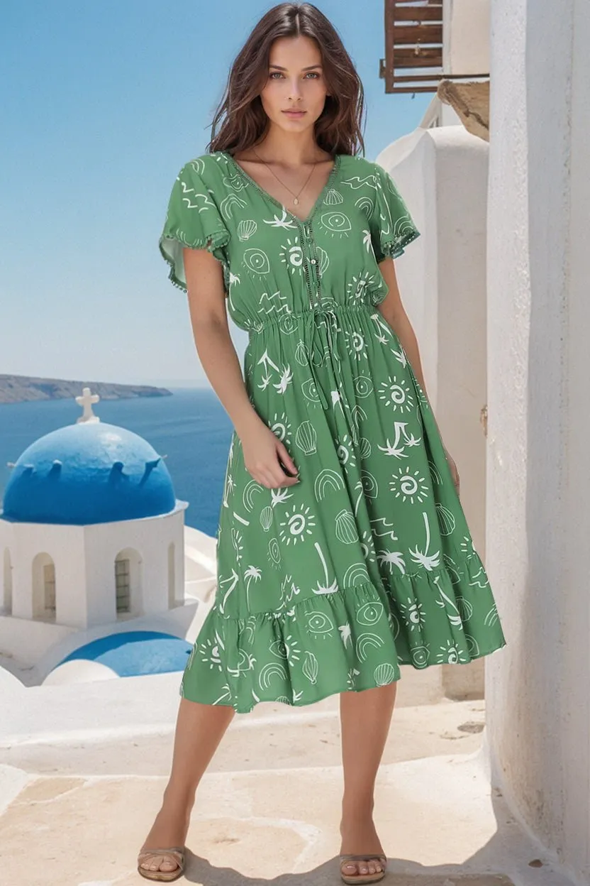 Kaida Midi Dress - Lattice Trim Detailed Buttoned Bodice A-Line Dress in Maui Print Green sold by Salty Crush product image thumbnail 3