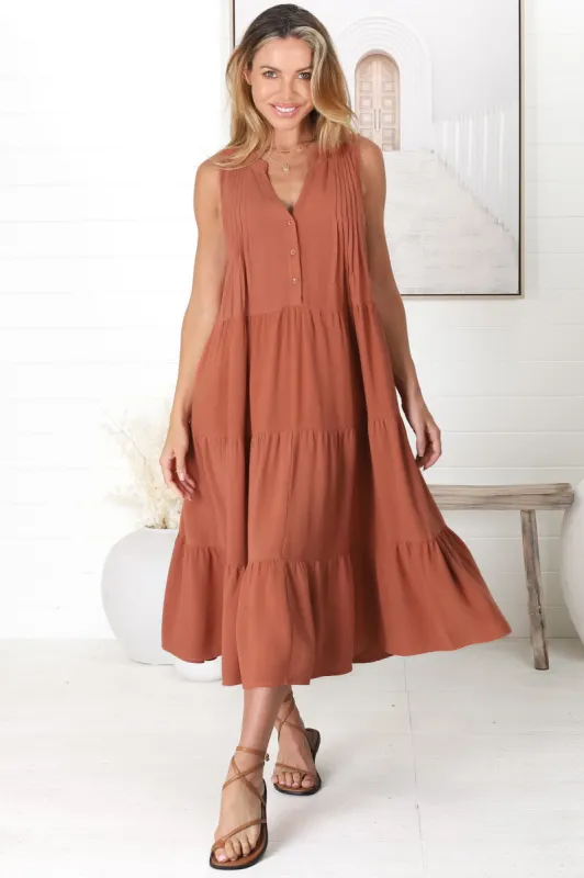 Aurora Midi Dress - Sleeveless Tiered Linen Dress with Pleated Bust in Rust sold by Salty Crush
