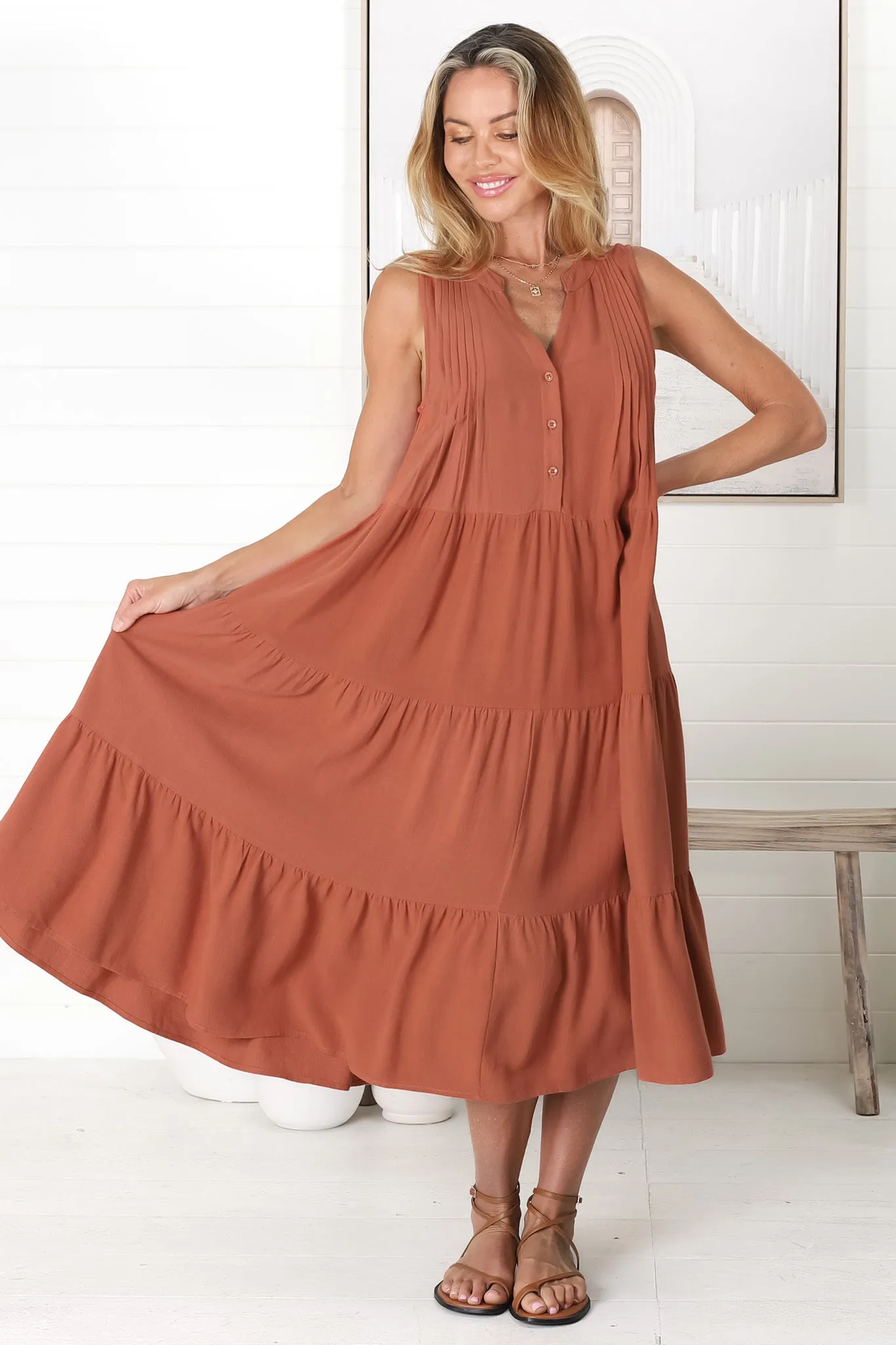 Aurora Midi Dress - Sleeveless Tiered Linen Dress with Pleated Bust in Rust sold by Salty Crush product image thumbnail 4
