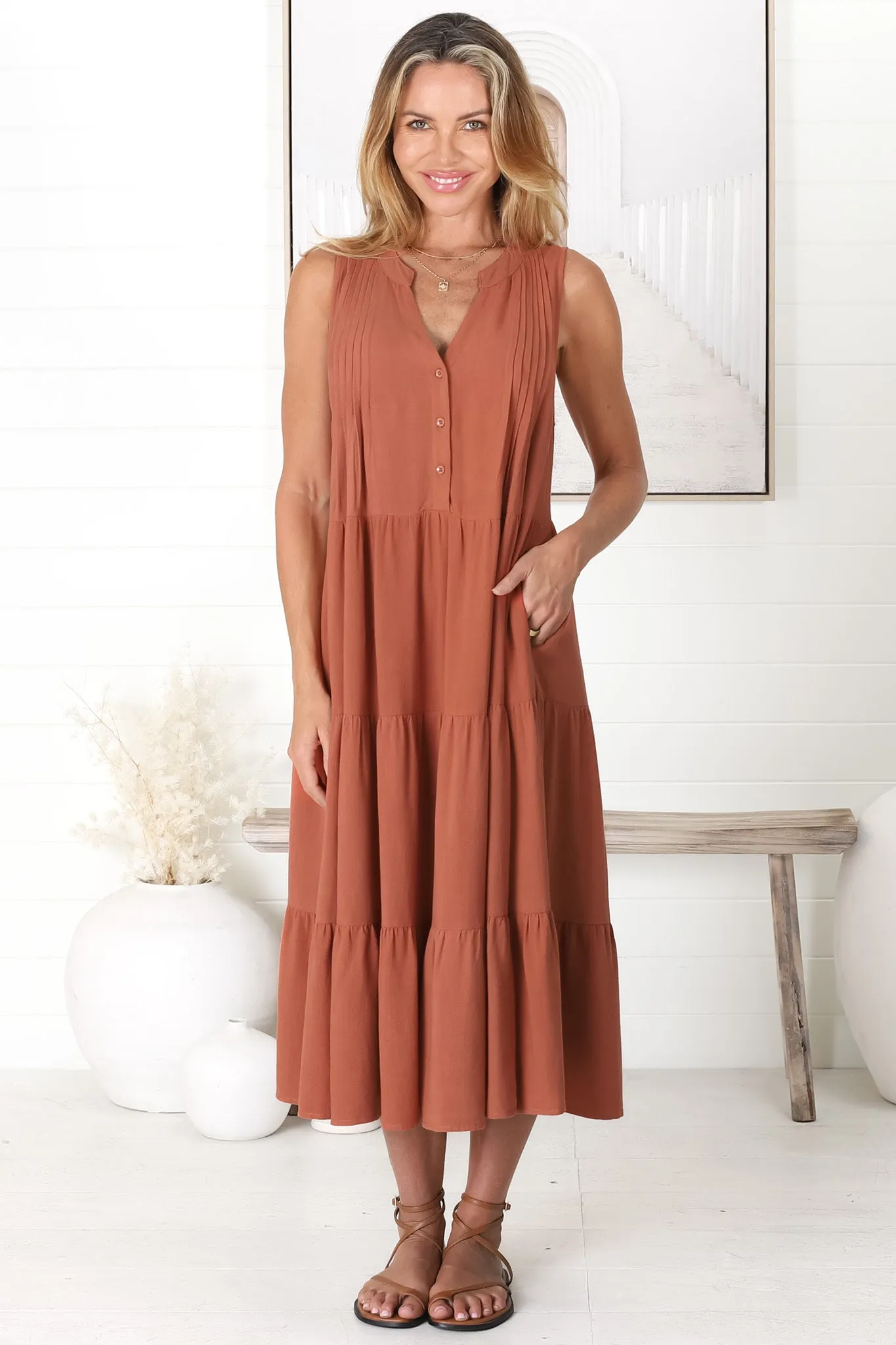 Aurora Midi Dress - Sleeveless Tiered Linen Dress with Pleated Bust in Rust sold by Salty Crush product image thumbnail 3