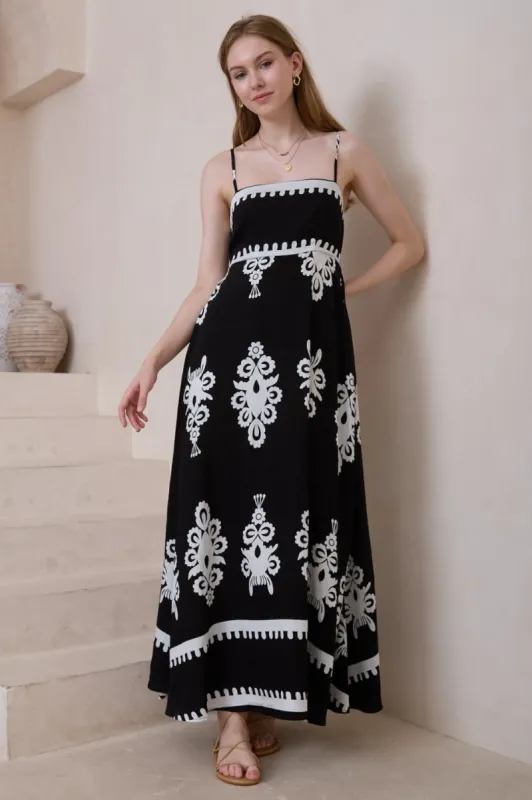 Bonita Maxi Dress: Spaghetti Strap Sun Dress in Maceo Print Black sold by Salty Crush
