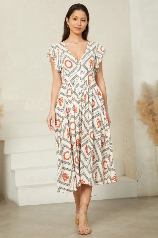 Karah Midi Dress - V Neck Frill Sleeve Dress in Tuscan Sun sold by Salty Crush