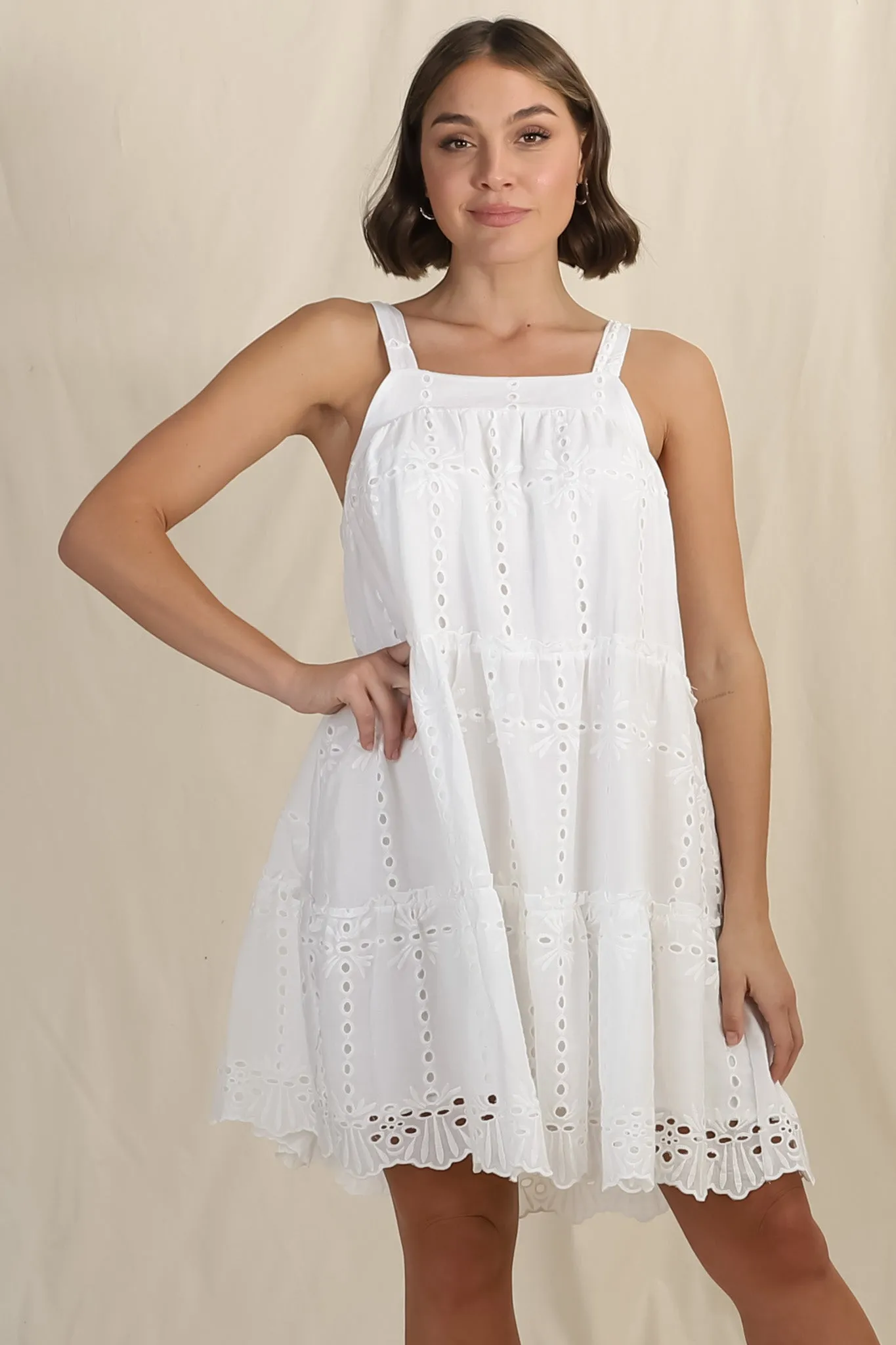 Tulip Mini Dress - Tie Up Straps Broderie Anglaise Tiered Dress in White sold by Salty Crush