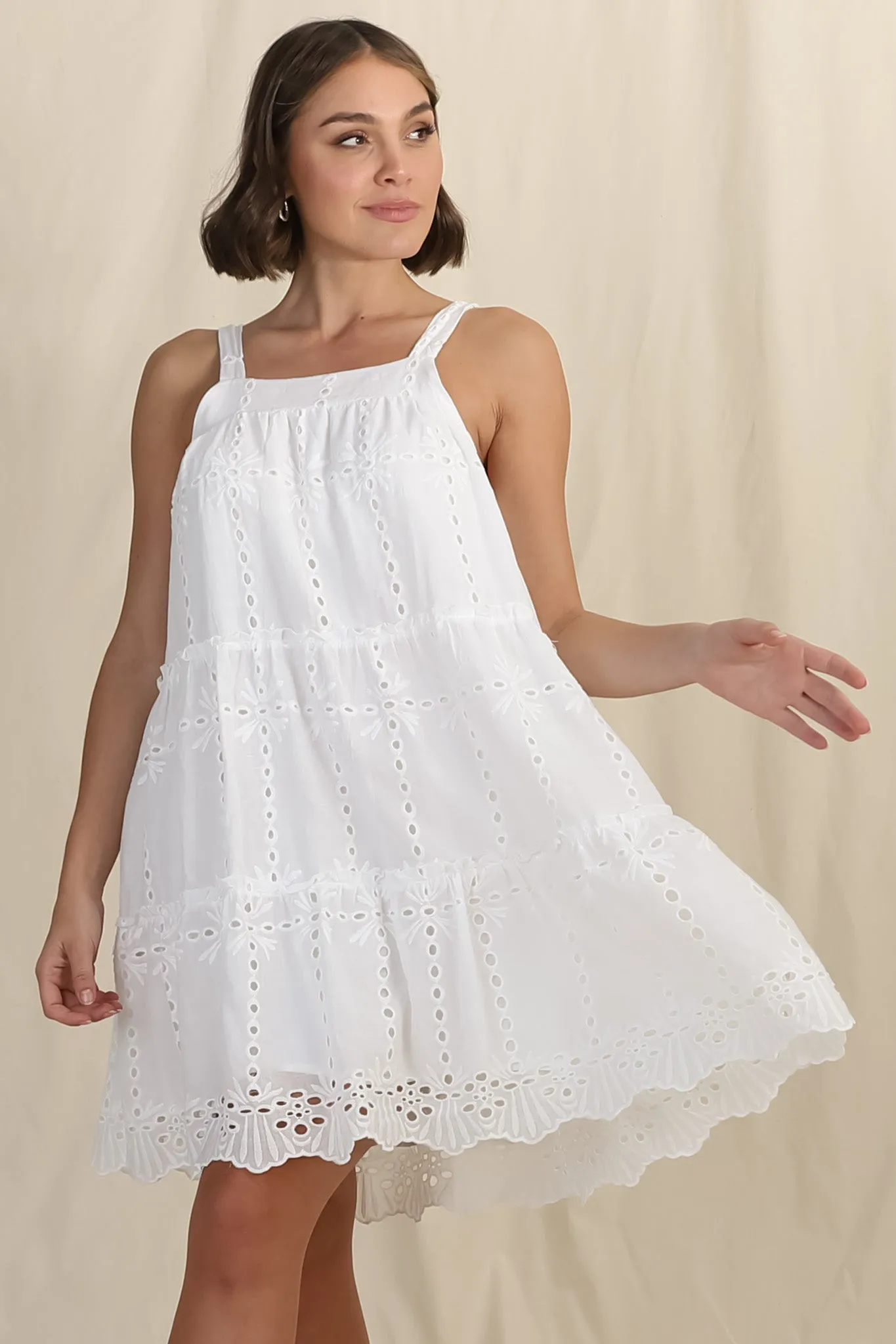Tulip Mini Dress - Tie Up Straps Broderie Anglaise Tiered Dress in White sold by Salty Crush product image thumbnail 4
