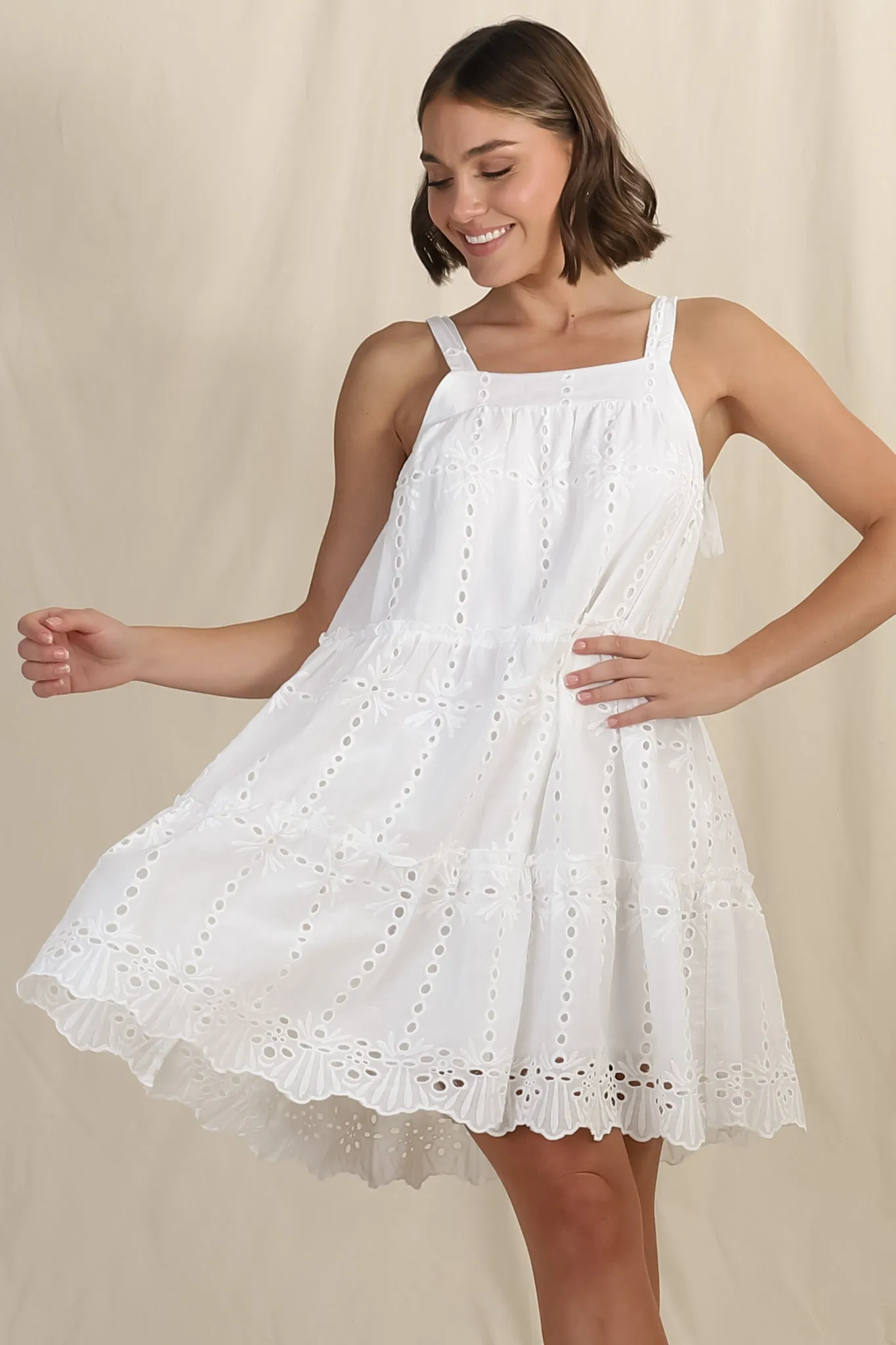 Tulip Mini Dress - Tie Up Straps Broderie Anglaise Tiered Dress in White sold by Salty Crush product image thumbnail 2