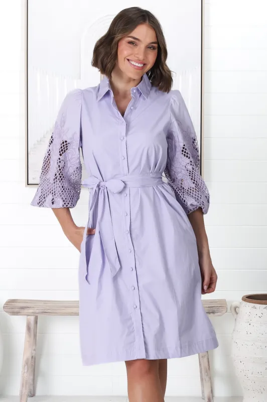 Lorie Mini Dress - Embellised Balloon Sleeve Button Down Dress in Lilac sold by Salty Crush