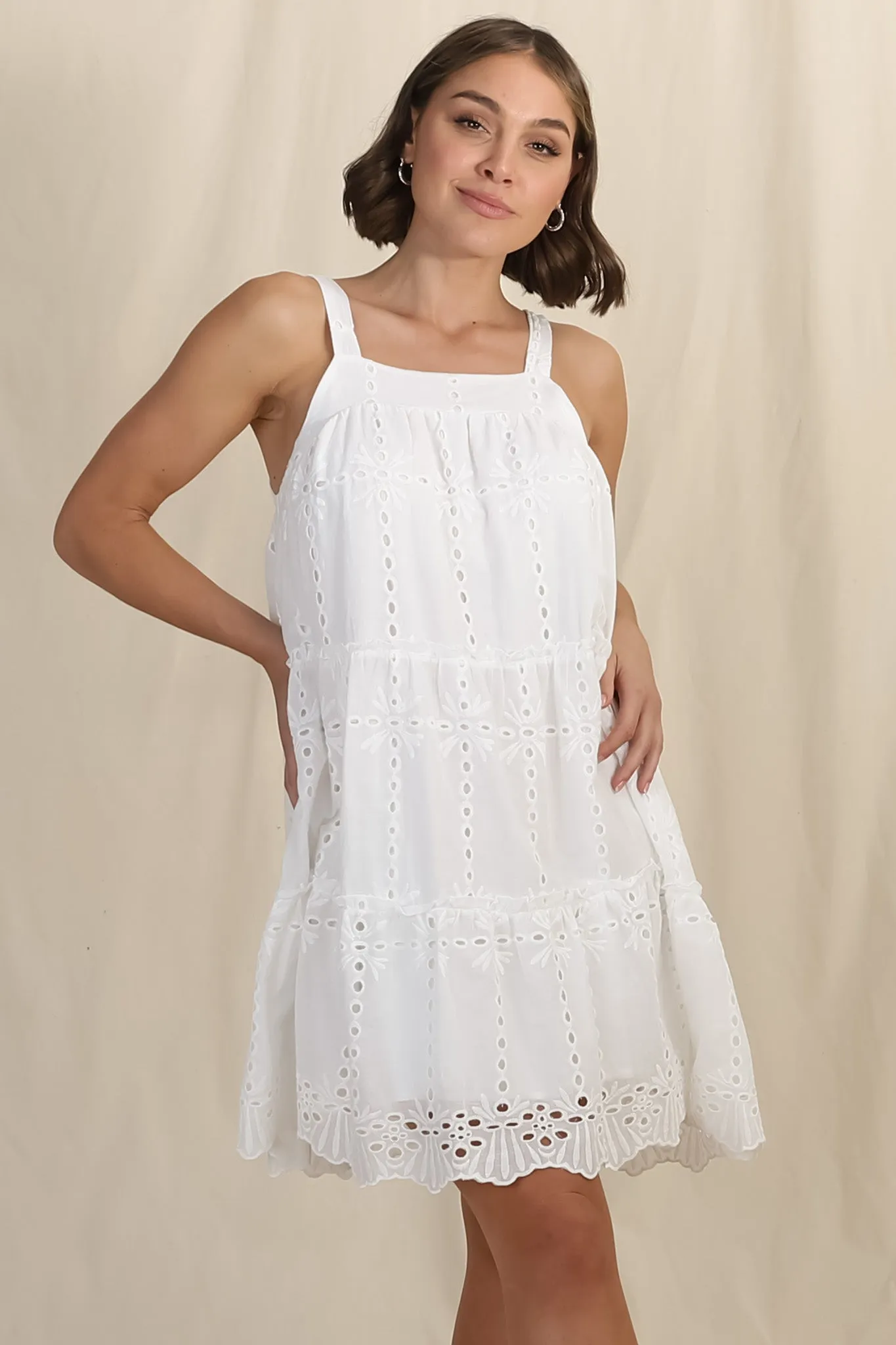 Tulip Mini Dress - Tie Up Straps Broderie Anglaise Tiered Dress in White sold by Salty Crush product image thumbnail 5